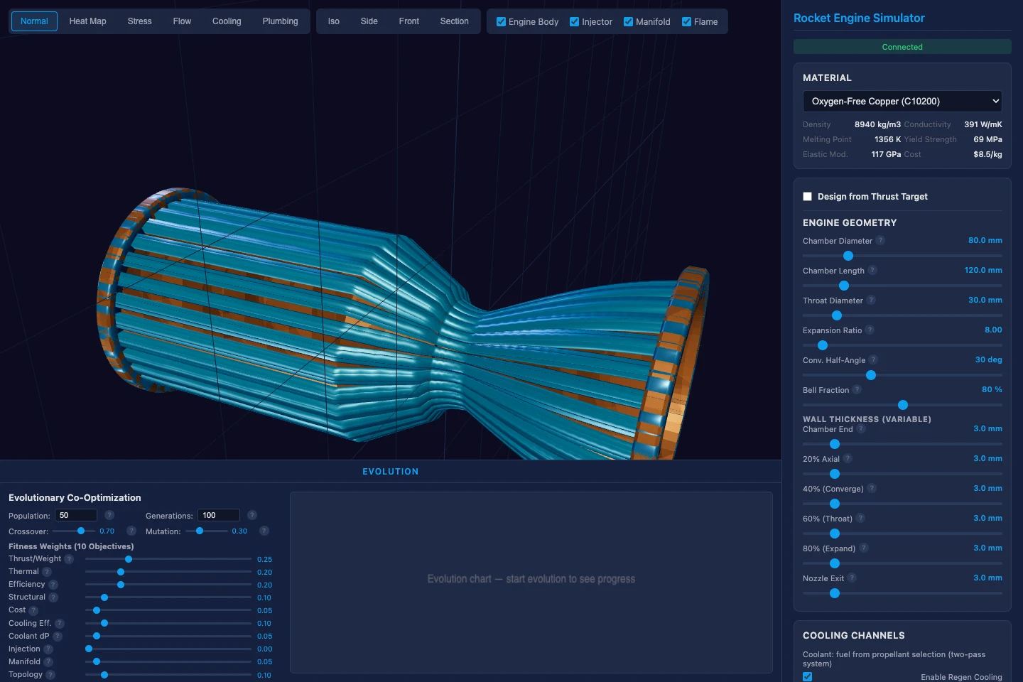 Browser interface of the 3D Rocket Engine Simulator with engine geometry and parameter controls