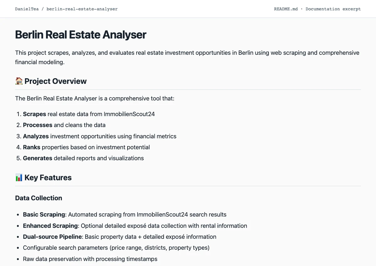 Berlin Real Estate Analyser README showing the analysis pipeline and features