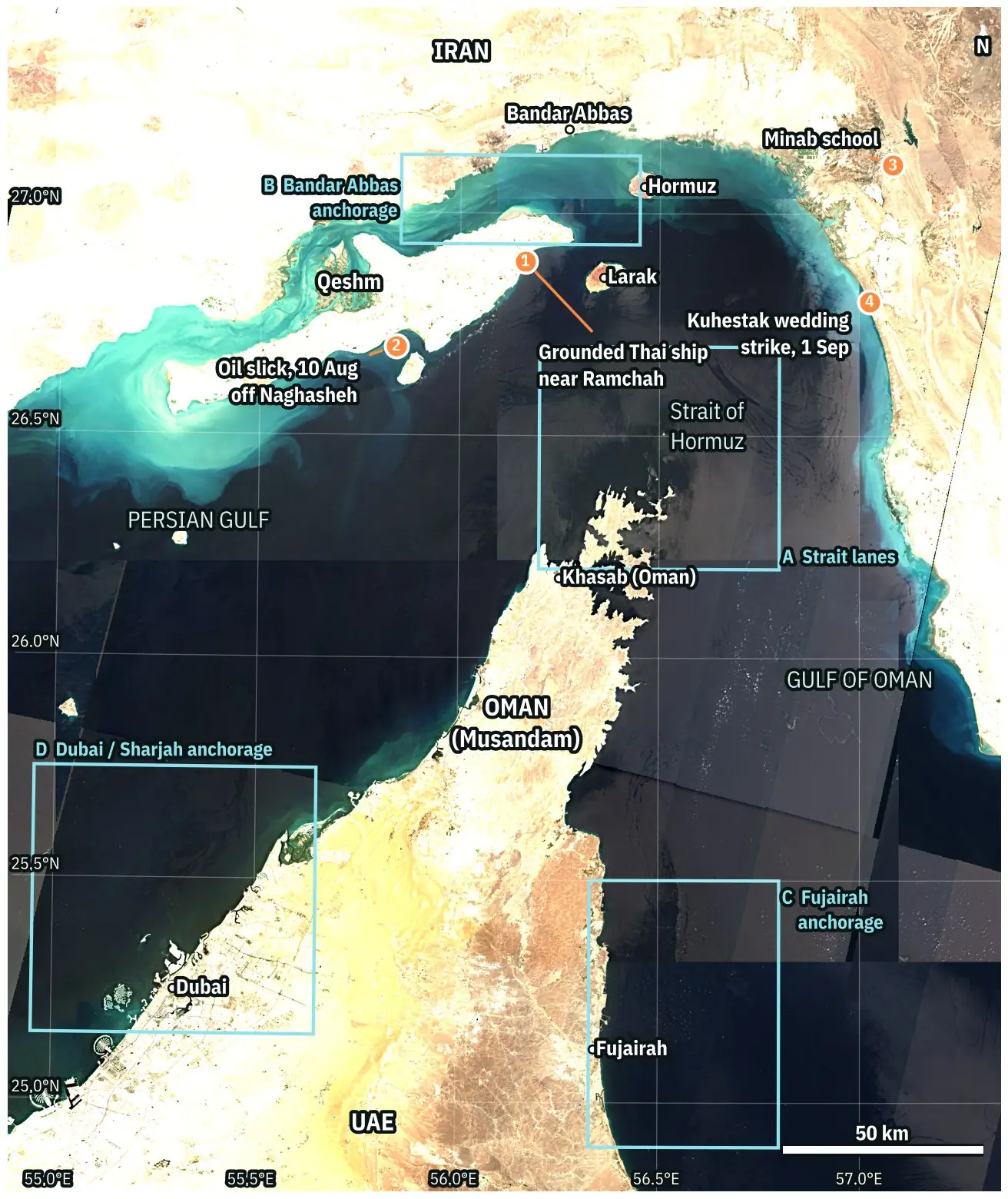 Sentinel-2 satellite map of the Strait of Hormuz with the checked places and the four radar areas