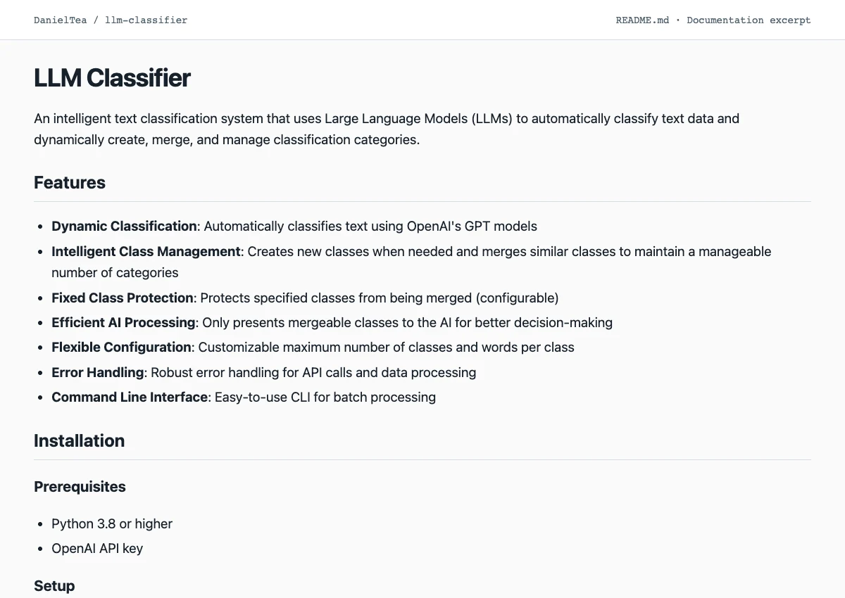 LLM Classifier repository documentation showing its features and Python usage