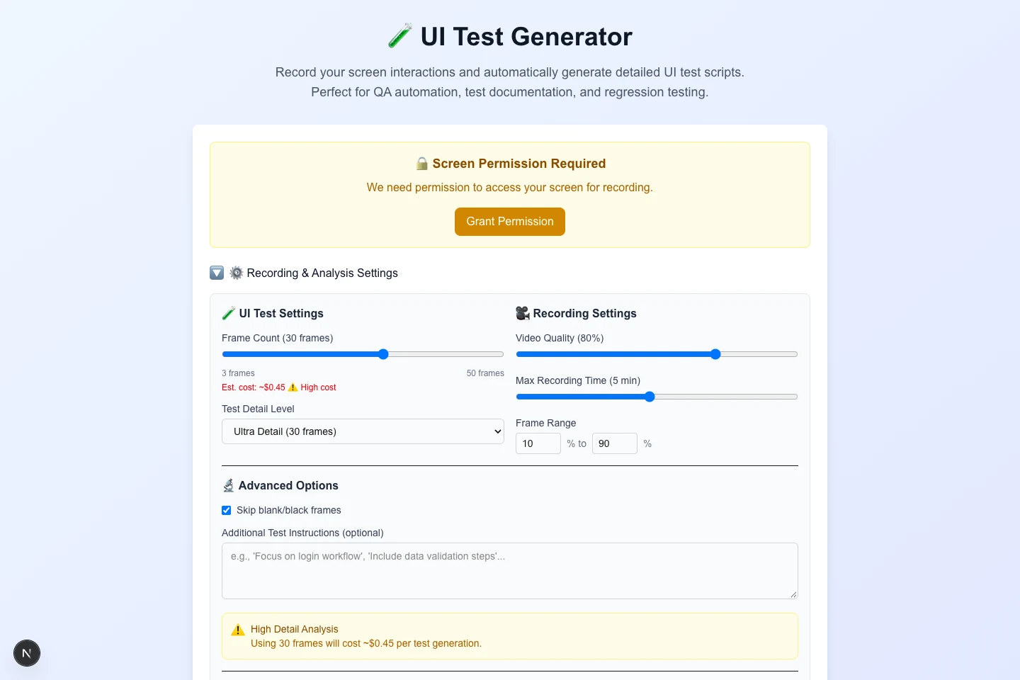 UI Test Generator web application with recording controls